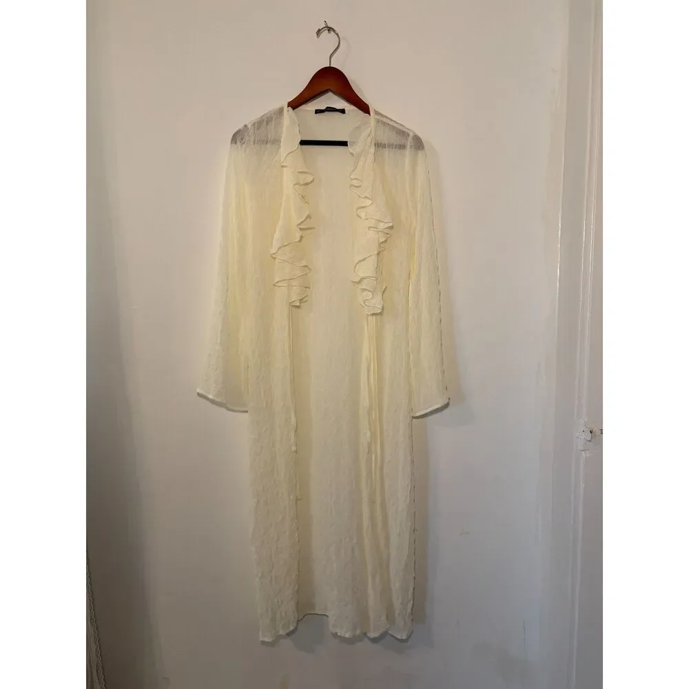 Cream Sheer Crinkled Longline Duster Cardigan